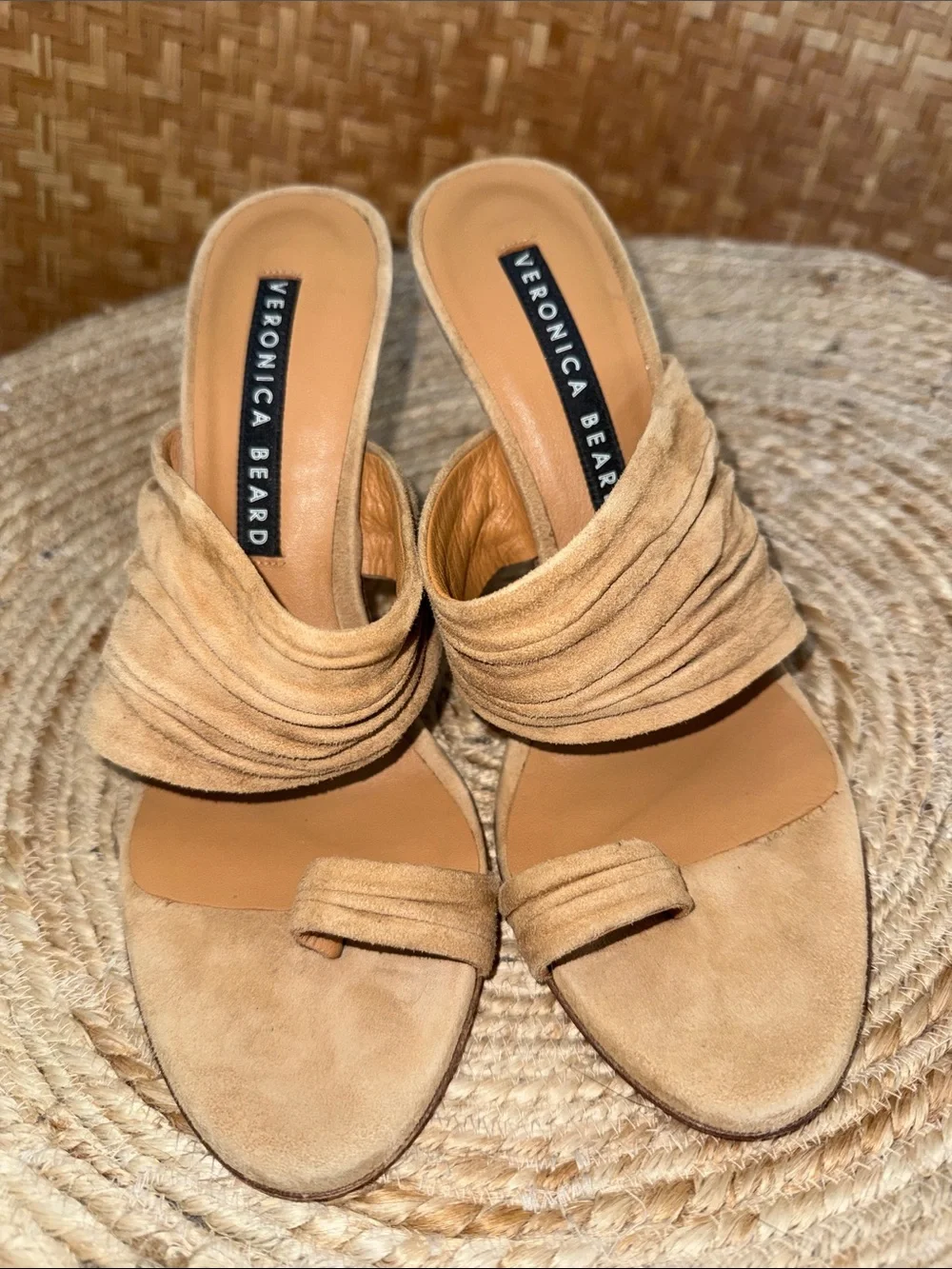 Veronica Beard Suede Tan Ruched Strap High Heel Sandals